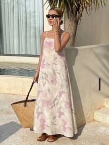 DAZY Vacation Style Floral Allover Print Lightweight Long Slip Dress For Women Pajama, Moo Moo - Purple - View 2