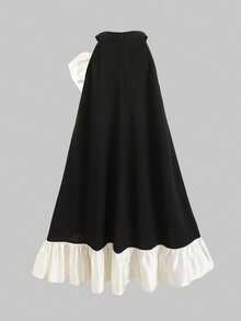Teen Girl Loose Elegant Round Neck Sleeveless Color Block Bow Decor Dress, Black Dress, Party Wear Luxurious Elegant Party Dress For Girls, Suitable For Prom, Wedding, Party, Events - Black and White - View 6