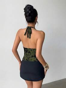 Aloruh 女士性感花卉植绒露背吊带上衣，夏季 - 軍綠色 - 查看 2