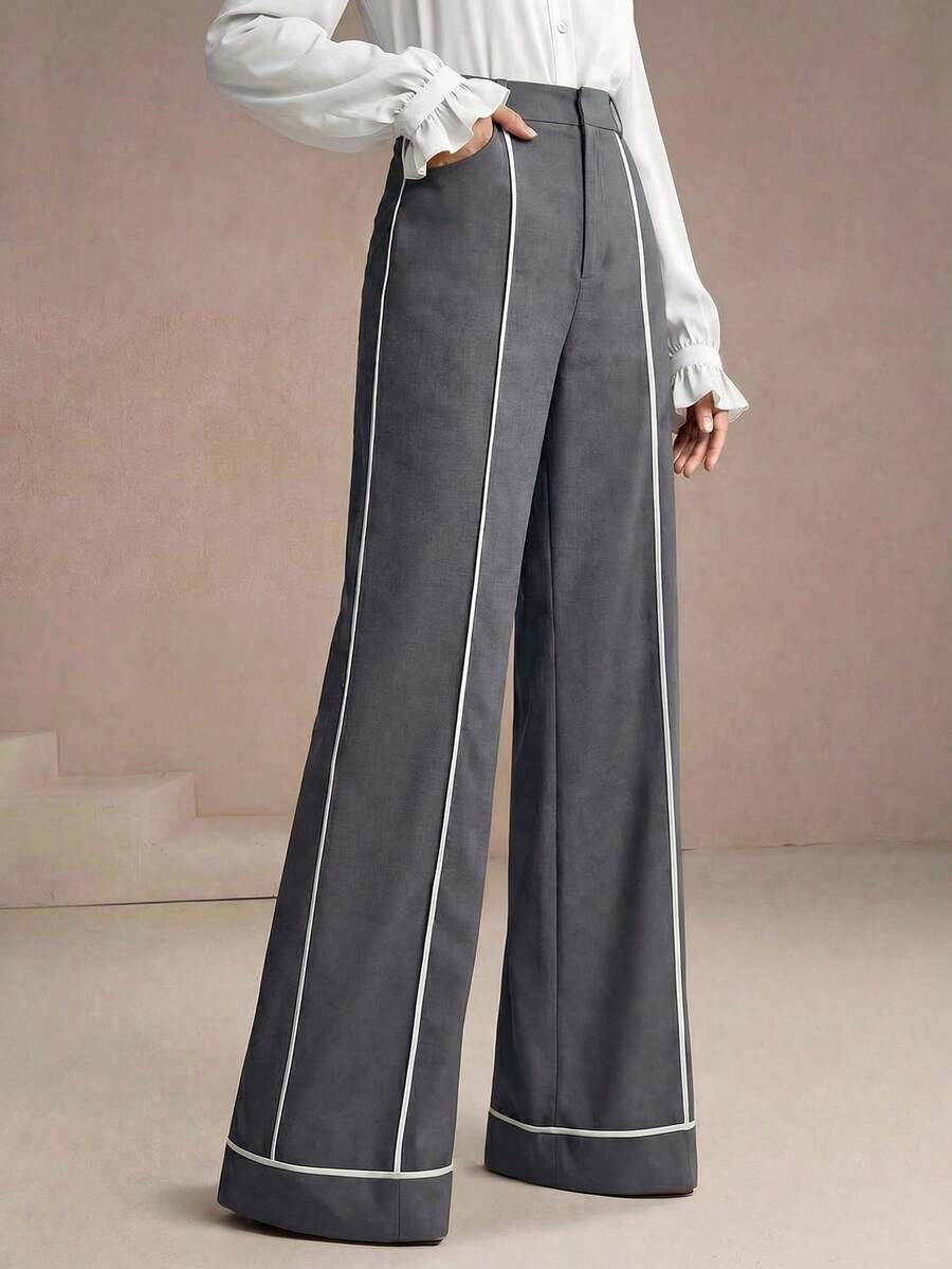 Anewsta Pantalones de mujer de moda casual de primavera a rayas en gris - Gris - Ver 1