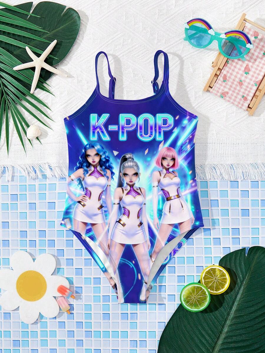 SHEIN 适合夏季的少女休闲简约连体泳衣 - 彩色 - 查看 1