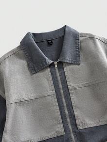 ROMWE MEN Men's Casual Contrast Color Patchwork Denim Shirt, Summer - Grey - View 3