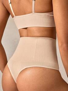 Veilyse High Waisted Tummy Control Rib Knit Shapewear Thong For Women Comfortable Everyday Wearfor Summer - Beige - View 2
