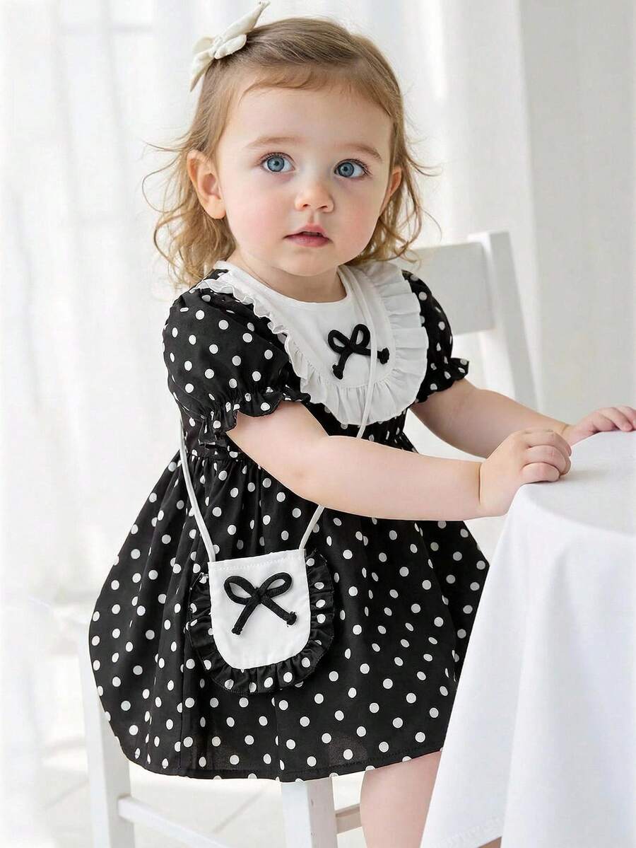 SHEIN Vintaside Kids 1件女婴舒适休闲印花荷叶边白色短袖百搭基础款连衣裙，配可爱印花包，适合春夏上学、旅行、居家、节日和日常穿着