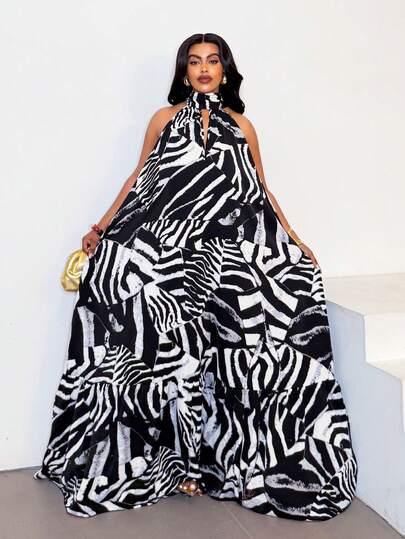 Maweii プラスサイズ プリント ストラップレス セクシー オフショルダー ドレス