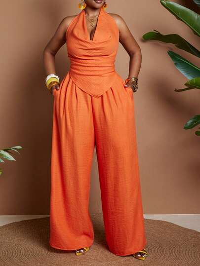 Maweii Conjunto de férias de 2 peças, sem mangas, com decote drapeado e cor sólida.