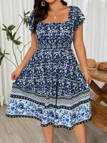 EMERY ROSE Plus Size Elegant Waist Cinched Square Neck Dress, High-Quality Fashion, Suitable For Dates Gym, Flattering Brown Summer - Multicolor - View 7