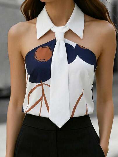 Easura 大码女式春夏无袖黑白撞色系带领优雅通勤衬衫