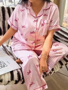 Napfluff CURVE Napfluff CURVE Pink Striped Bow Print Lapel Cardigan & Pants Plus Size Pajama Set - Pink - View 4