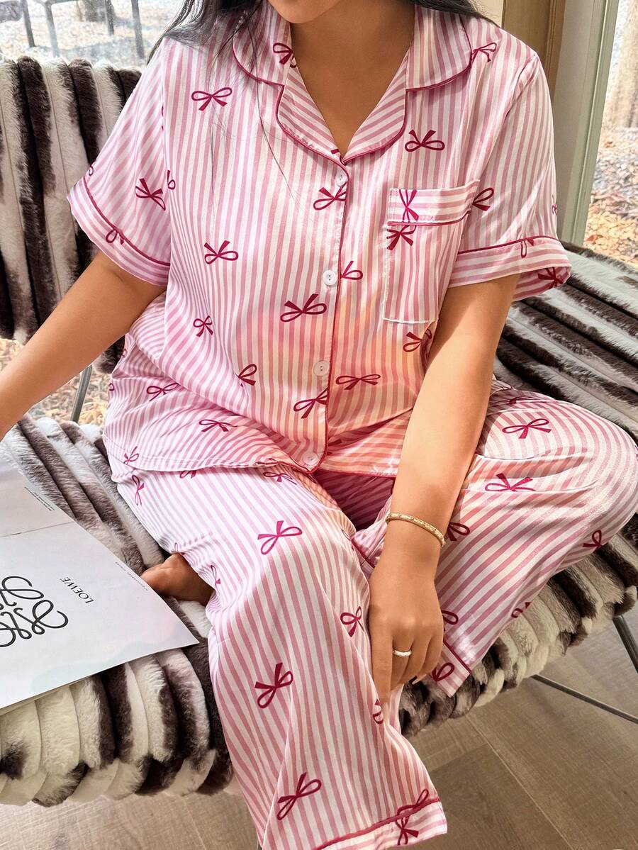 Napfluff CURVE Napfluff CURVE Pink Striped Bow Print Lapel Cardigan & Pants Plus Size Pajama Set - Pink - View 1