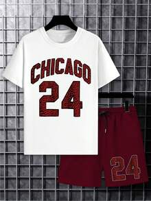 Manfinity LEGND Men's White & Red Contrast Chicago 24 Number, Distressed Texture Print T-Shirt Set, American Sporty Casual Style, Suitable For Daily Wear, Summer - Multicolor - View 2