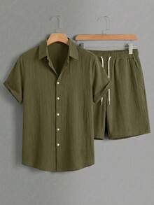 KRYTIVO Plus Size Men's Solid Color Short Sleeve Shirt And Shorts Casual Set - Army Green - View 2