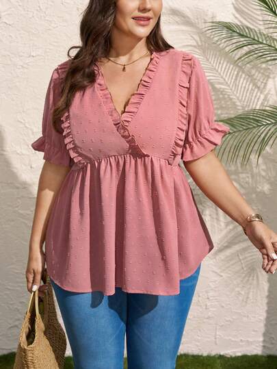 Comfylo Áo sơ mi nữ cỡ lớn mùa hè màu đỏ dưa hấu, cổ chữ V, chất liệu vải xuyên thấu, tay áo ren.