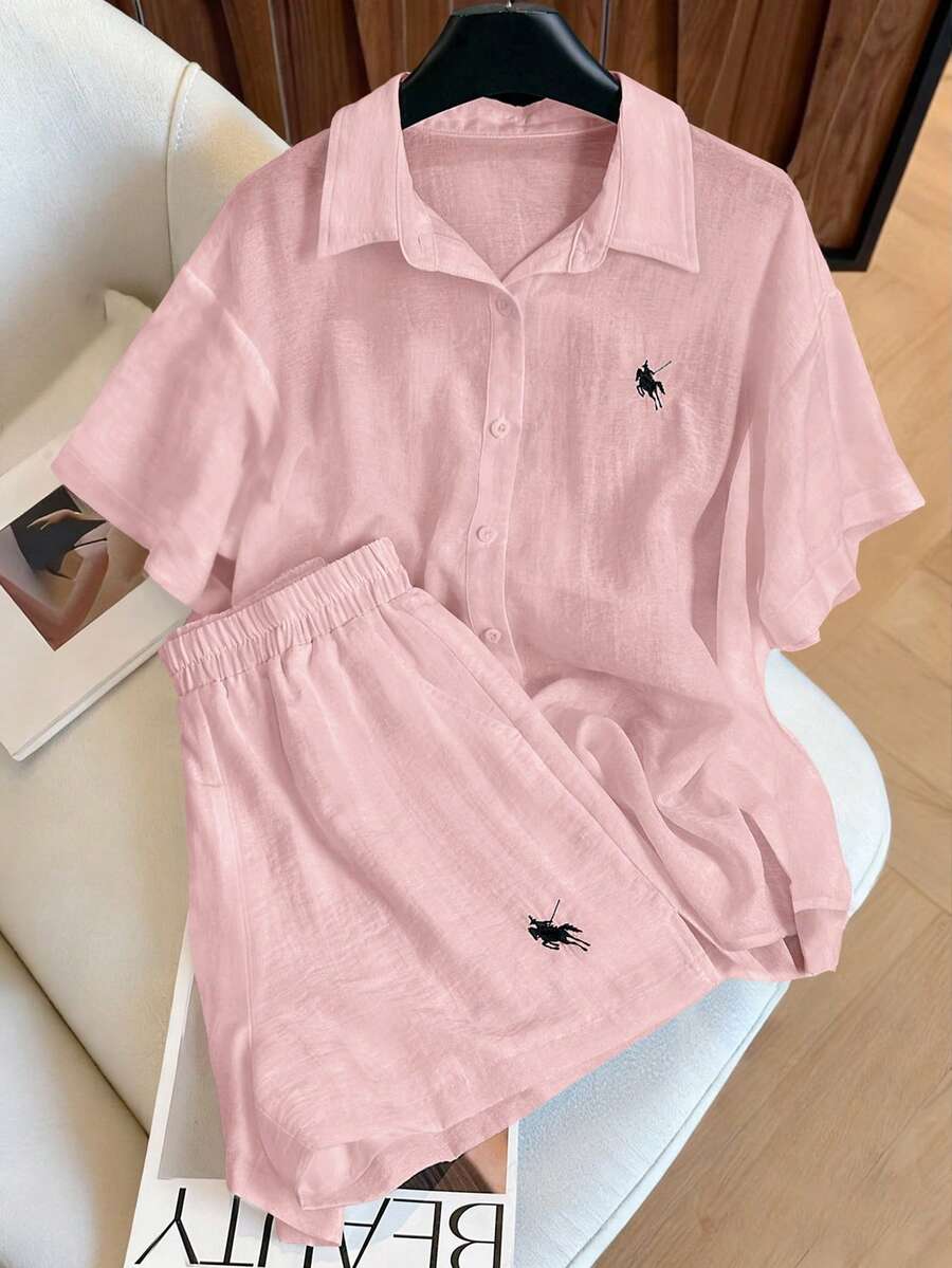Resyla Conjunto Feminino de Verão com Camisa Vintage Casual Folgada e Shorts, 2 Peças, Moda Versátil - Rosa empoeirado - Visão 1