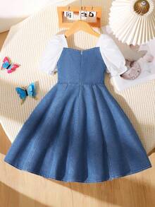 Đầm denim phối nơ mùa hè cho bé gái, tay phồng ngắn, dáng lửng, thích hợp mặc hàng ngày. - Màu xanh lam - Xem 2