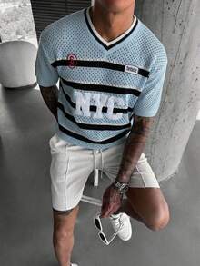 Manfinity Roughcore Men's Letter Striped V-Neck Short Sleeve Hollow-Out Knit Top - Blue and White - View 1