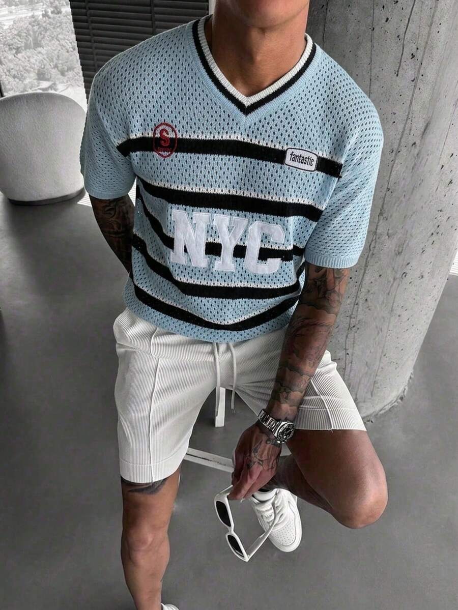 Manfinity Roughcore Men's Letter Striped V-Neck Short Sleeve Hollow-Out Knit Top - Blue and White - View 1