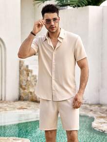 Mercer Haus Camisa de Manga Curta e Shorts Casuais Soltos em Cor Sólida, Verão, Adequado para Férias de Verão em Destinos Tropicais como Havaí. - Damasco - Visão 6