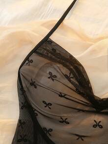 女士性感蝴蝶结网纱睡衣套装 - 黑色 - 查看 3