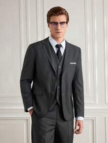 Officeau 男士修身商务休闲西装三件套，包括外套、裤子和马甲，适合男士婚礼新郎穿着，高品质专业通勤西装套装 - 深灰色 - 查看 8