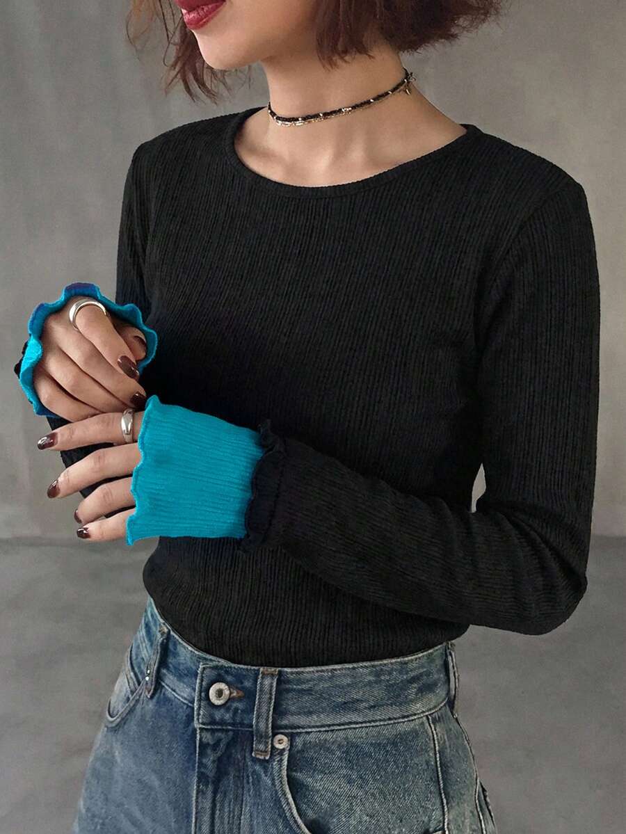 FRIFUL Atasan Wanita Kasual Serbaguna dengan Leher Bulat, Lengan Panjang, dan Kain Renda Transparan Berlapis, Warna Kontras, Musim Gugur/Dingin - Hitam - View 1