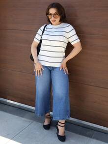 Lupita Cardoza Top tricotat casual pentru femei, cu guler rotund și mânecă scurtă, cu dungi, toamnă pentru femei, iarnă, Anul Nou pentru femei, petrecere, nuntă, absolvire, elegant, casual, vară - Caisă - Vizualizare 5