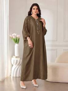 SHEIN Najma Minimalist Computer Beaded Decor Women Loose Fashion Dress - Coffee Brown - View 5
