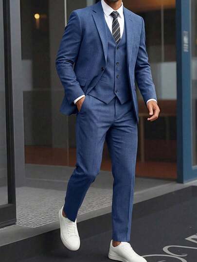 SHEIN Conjunto de 2 piezas de traje de cuadros azul marino de alta gama con corbata azul marino para adolescentes, minimalista y sofisticado, adecuado para temporada de bodas, casual, escuela, viajes, deportes, festivales de música, vacaciones, fiestas, vacaciones de verano en la playa, uso primavera/verano