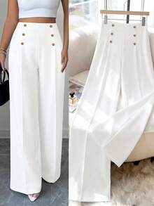 GlowEve CURVE Plus Size Women's Spring/Summer Solid Color Fashion Minimalist Business, Zipper, Metal Buckle Decor Straight Leg Pants, Versatile For Commuting, Work, Shopping, Daily Wear - White - View 6