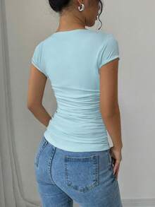 Rafferiza Fashionable Tight-Fitting U-Neck Waist Pleated High-Stretch Knit White T-Shirt For Women, Spring/Summer - Blue - View 2