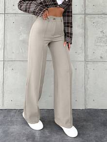 SHEIN Petite Size Women's Solid Color Simple Daily Business Pants - Cream - View 6