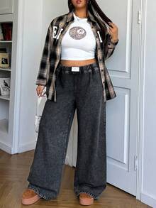 SHEIN EZwear 大码休闲宽松弹力腰阔腿牛仔裤，黑色 - 黑色 - 查看 3