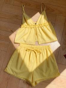 Comfortcana 女士黄色100%纯棉简约休闲两件套 - 可爱柔美复古风，适合度假、休闲居家穿着、甜蜜约会和下午茶，也适合返校季，是春夏旅行的理想之选。 - 彩色 - 查看 5