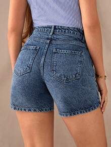 SHEIN Low Waist Regular Fit Medium Blue Snow Wash Casual Style Button Front Denim Short - Medium Wash - View 2