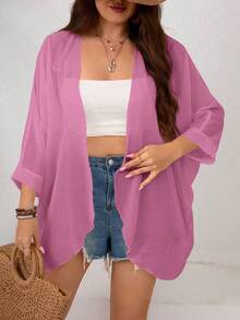 SHEIN Clasi 大码女式纯色七分袖开襟外套 - 珊瑚粉 - 查看 5