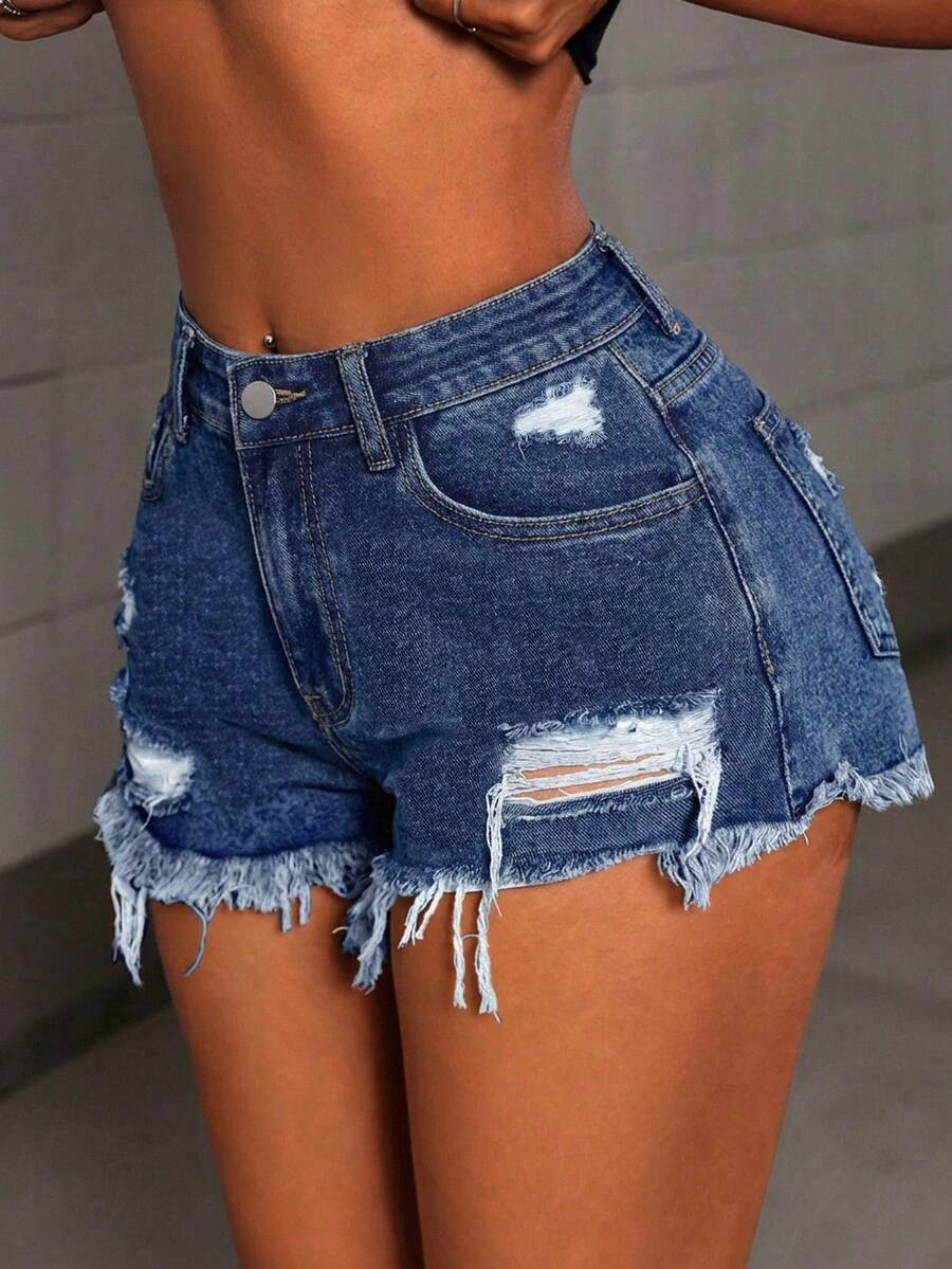 SHEIN Tall Women's Casual Street Style Denim Shorts - Blue - View 1