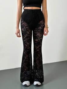 SHEIN Tall Women's Spring Sexy Retro Lace Lined Flared Pants - Black - View 7