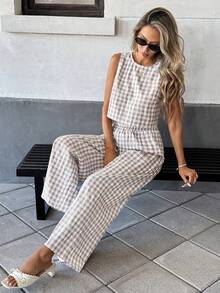 SHEIN PETITE 2pcs/Set Casual Plaid Vest And Pants Set, Summer - Khaki - View 4