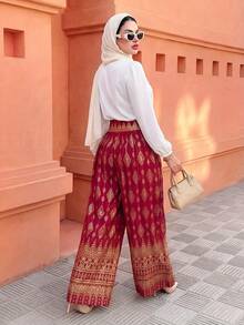 Elenzga Women's 2025 New Model Gold Foil Material Wide Leg Casual Long Pants Fall Cloth For Women - Red - View 2