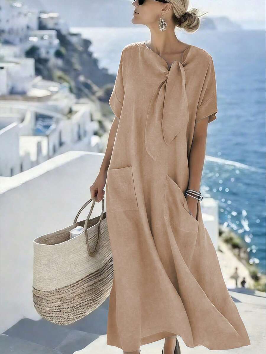 Louniche Đầm nữ dáng casual, chất liệu giả denim, cổ tròn, buộc dây, có túi, thoải mái cho mùa xuân/hè. - Màu Khaki - Xem 1
