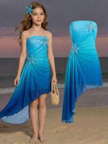 SHEIN Tween Girl Fashionable Elegant Ombre Blue Strapless Dress - Blue - View 2