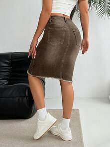 SHEIN LUNE Women's Summer Washed Distressed Frayed Hem Denim Mini Skirt - Coffee Brown - View 2