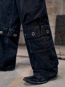 1 chiếc quần jeans cargo nam, kiểu dáng vintage Mỹ, nhiều túi, ống rộng dài (Sản phẩm không bao gồm thắt lưng và phụ kiện) - màu đen - Xem 6