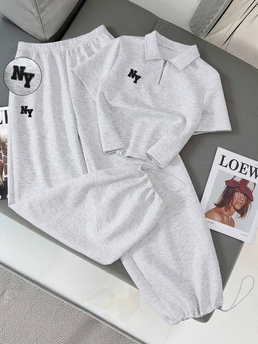 Resyla Women's Summer Casual Letter Print Short Sleeve Top And Drawstring Pants 2 Pieces Set - Grey - View 1