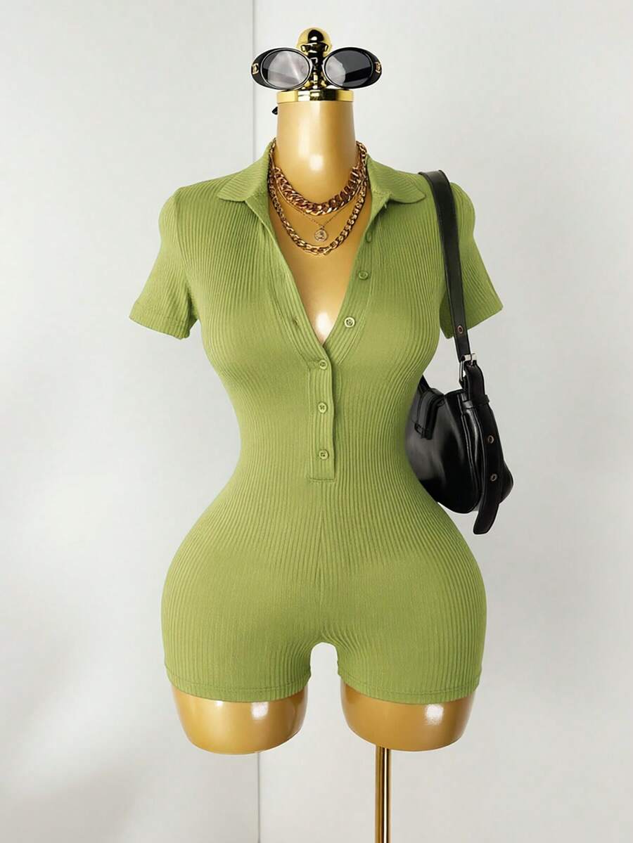 Mistrie Women's Solid Color Half-Zip Casual Short Sleeve Jumpsuit - Green - View 1