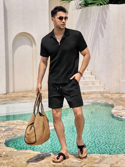 Mercer Haus Men's Summer Casual Solid Color Textured Fabric Half Zip Short Sleeve Polo Shirt & Shorts Set , Suitable For Summer Tropical Holiday Vacation In Hawaii.