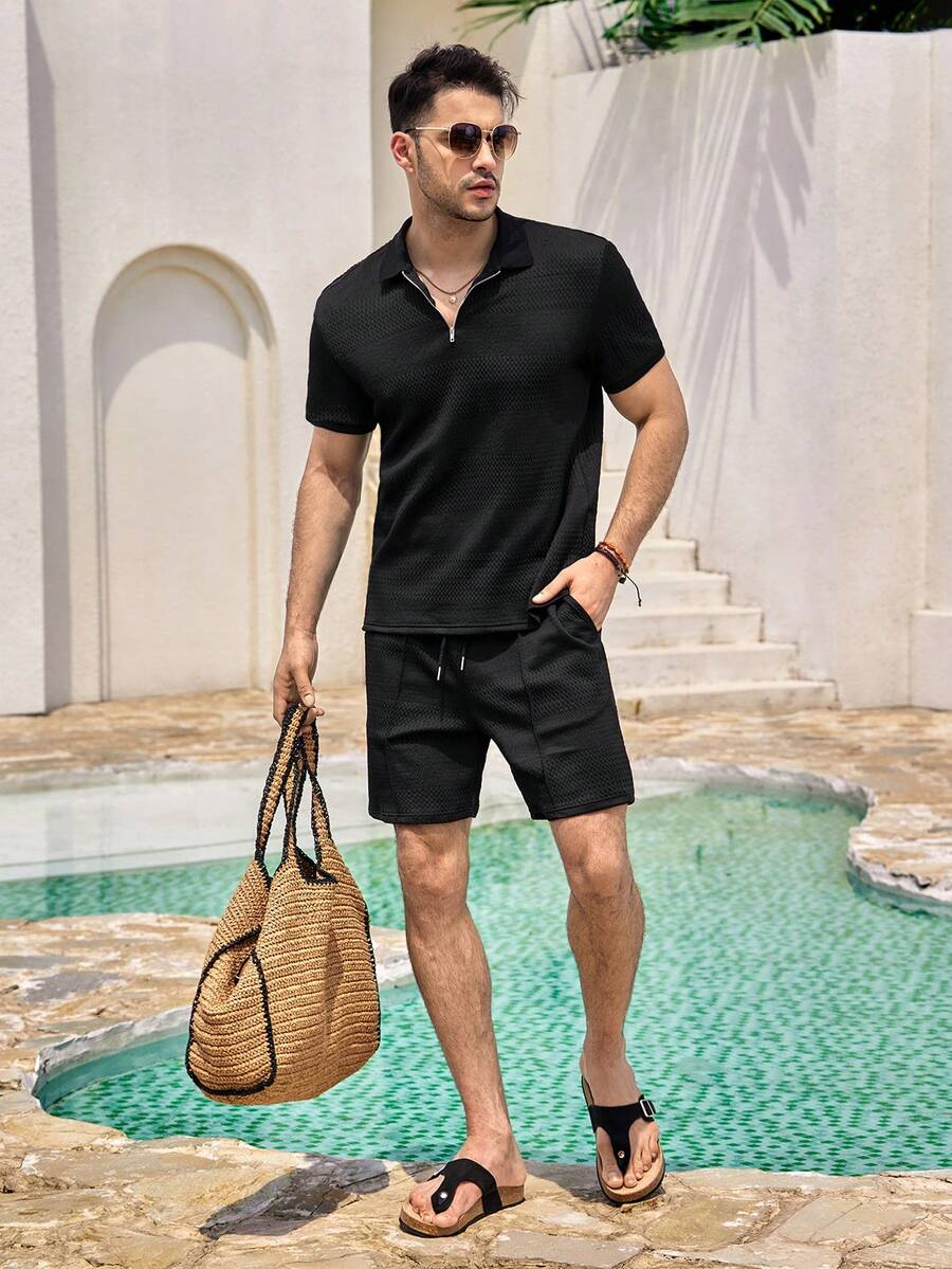 Mercer Haus Men's Summer Casual Solid Color Textured Fabric Half Zip Short Sleeve Polo Shirt & Shorts Set , Suitable For Summer Tropical Holiday Vacation In Hawaii. - Black - View 1
