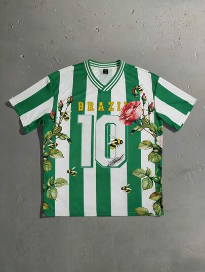 ROMWE MEN Prep 男士V领字母花卉印花休闲百搭日常T恤