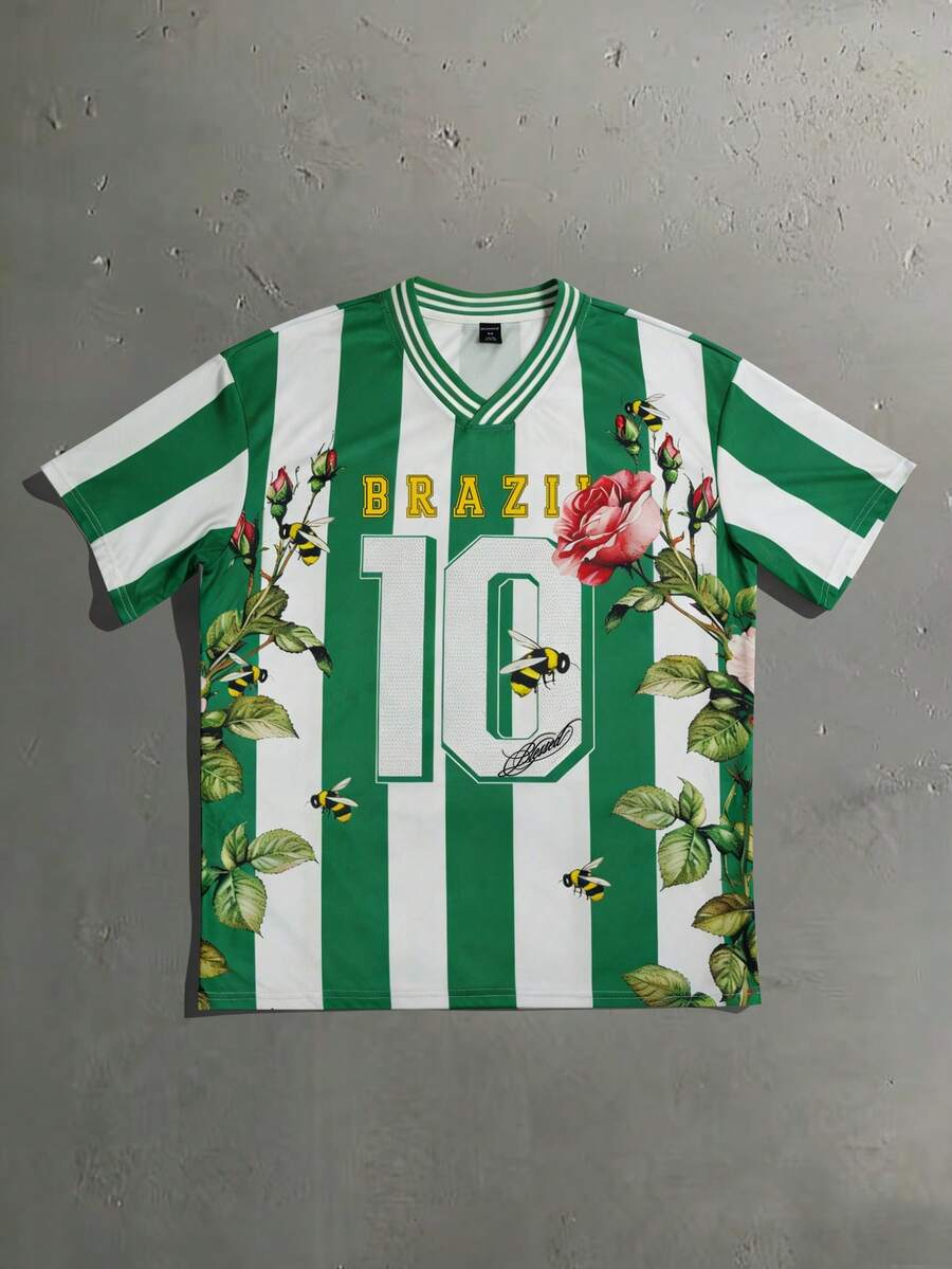 ROMWE MEN Prep Áo thun nam cổ chữ V in chữ và hoa, kiểu dáng thường ngày đa năng. - Nhiều màu - Xem 1