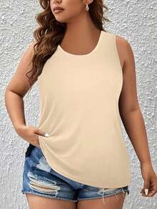 Plus Size Summer Casual Simple Solid Color Tank Top - Apricot - View 1